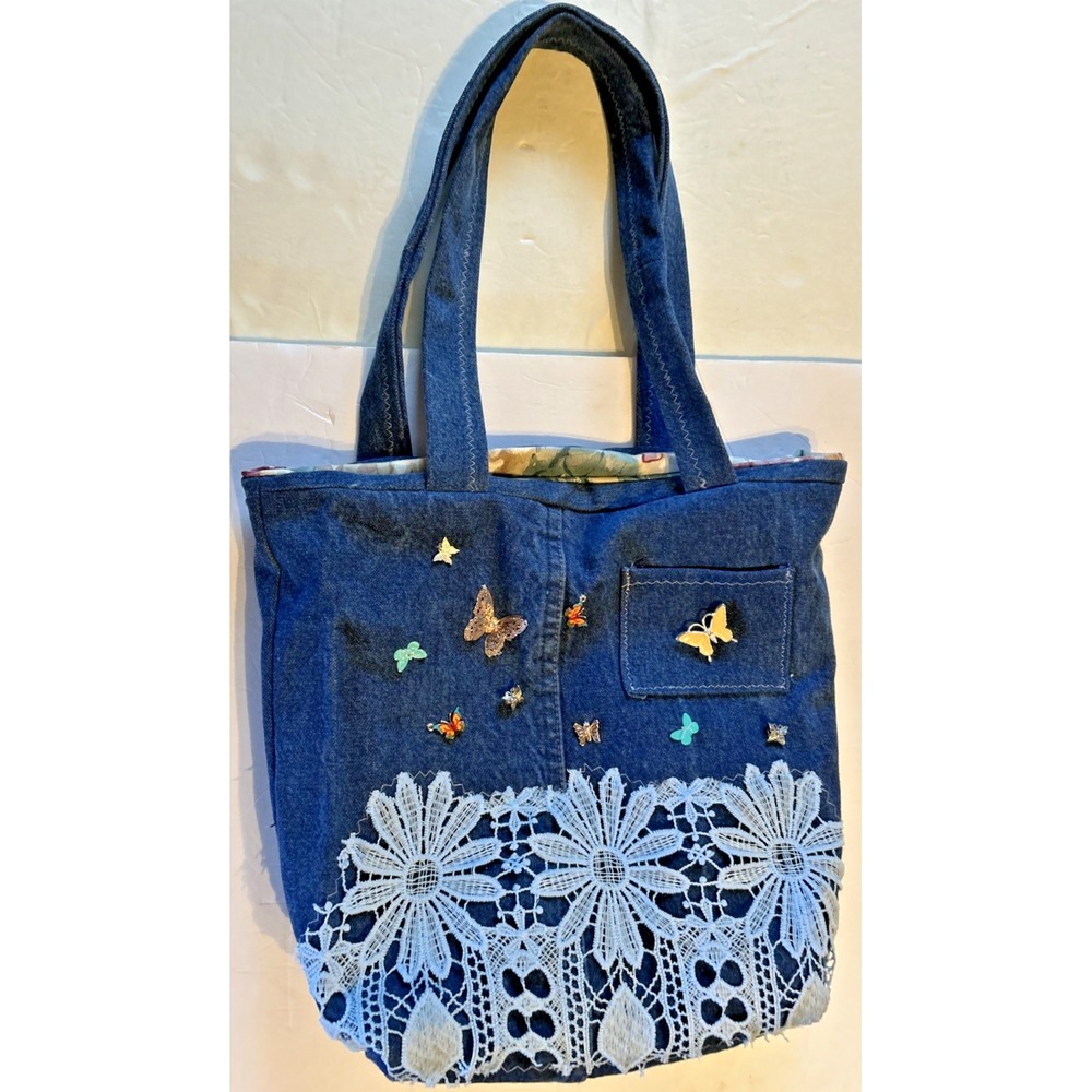 Handmade Butterfly Denim Jean Bag‎ Tote Purse Up Cycle Sustainable Pockets